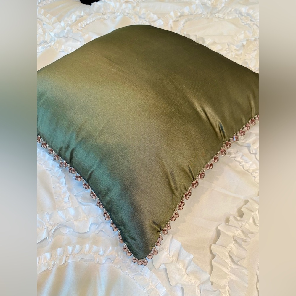 Elegant Olive Green Silk Beaded Trim Decorative Pillow